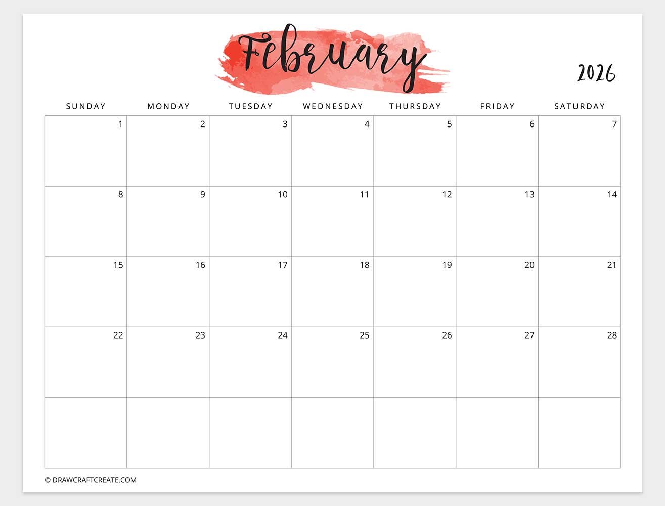 february 2026 watercolor calendar sunday start