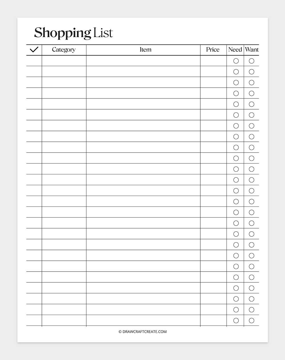 free printable shopping list template