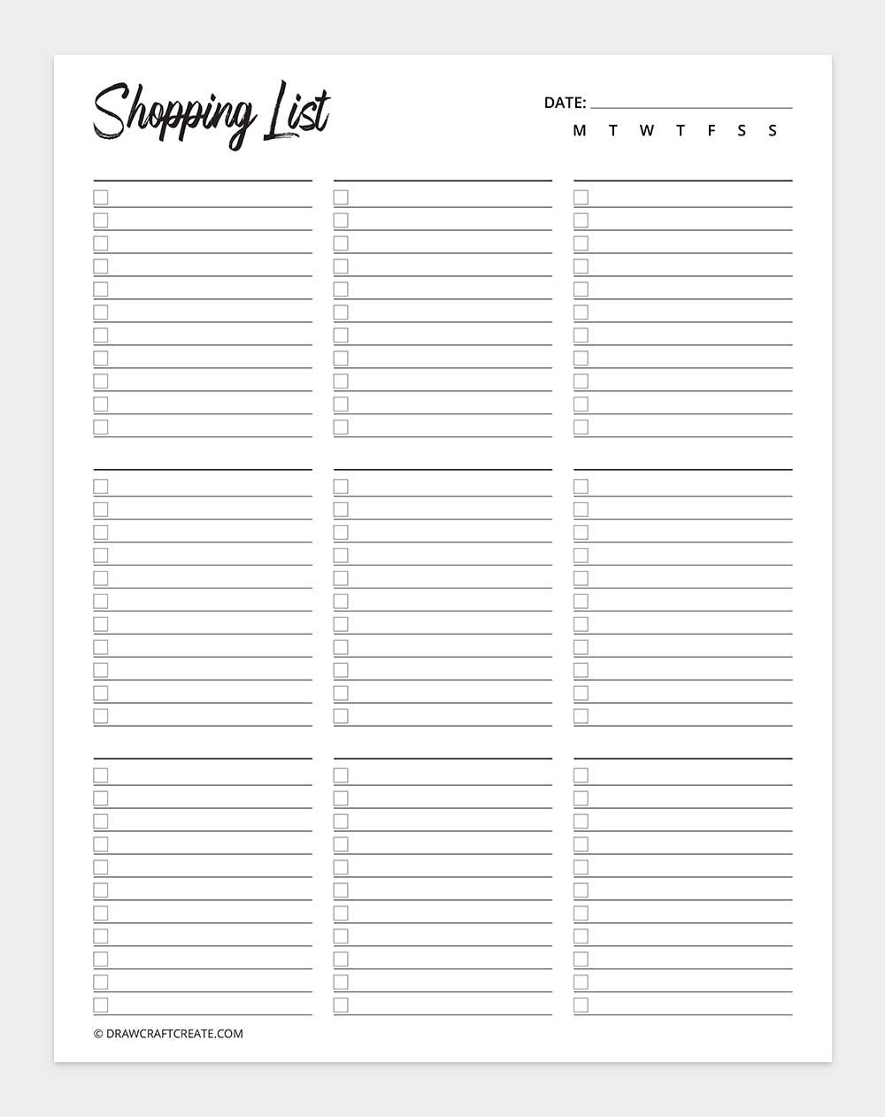 free printable shopping list template