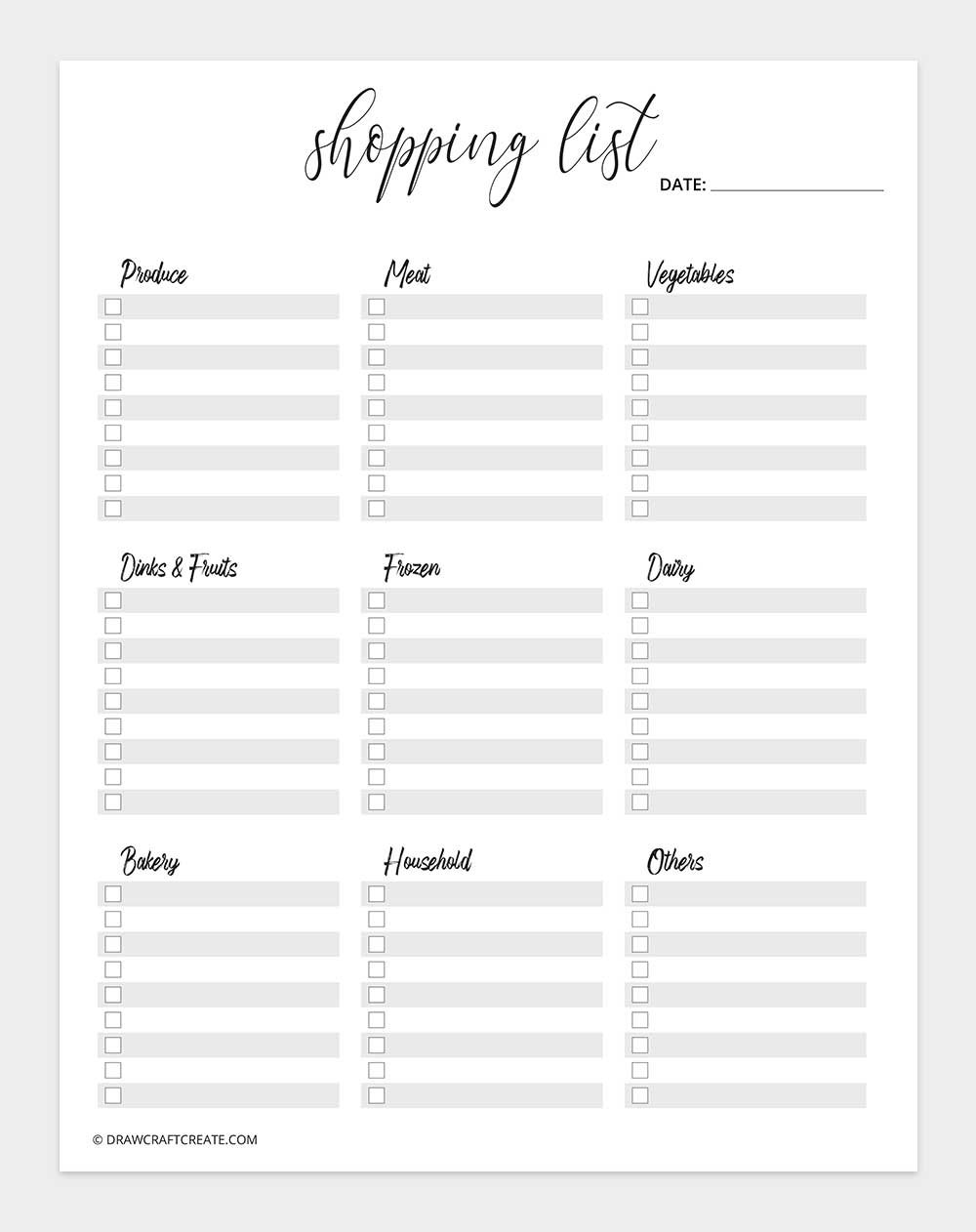 free printable shopping list template