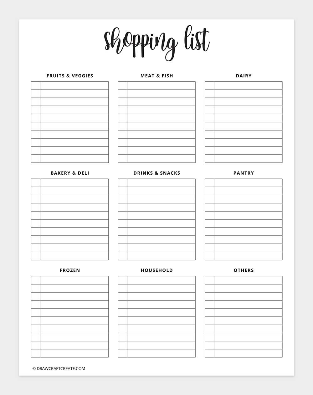 free printable shopping list template