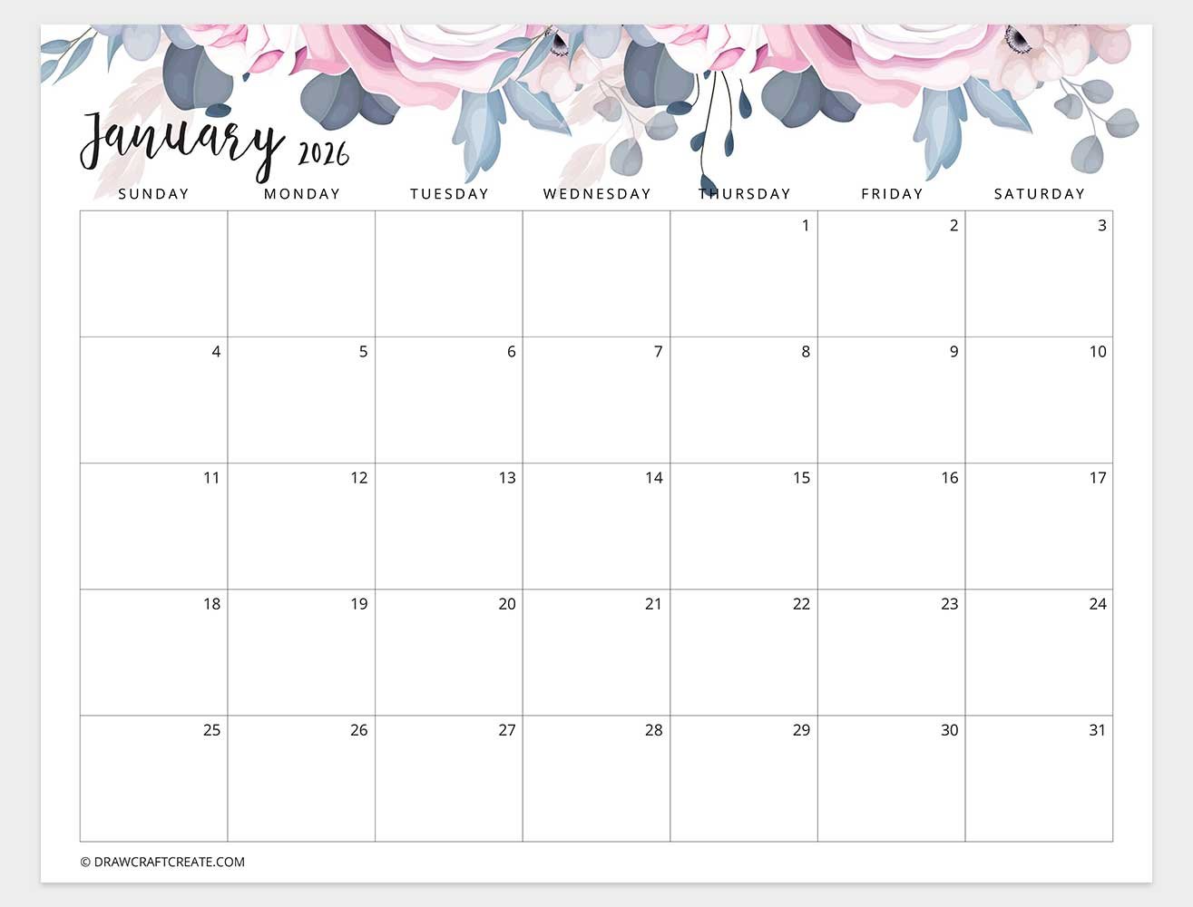 january 2026 calendar floral horizontal
