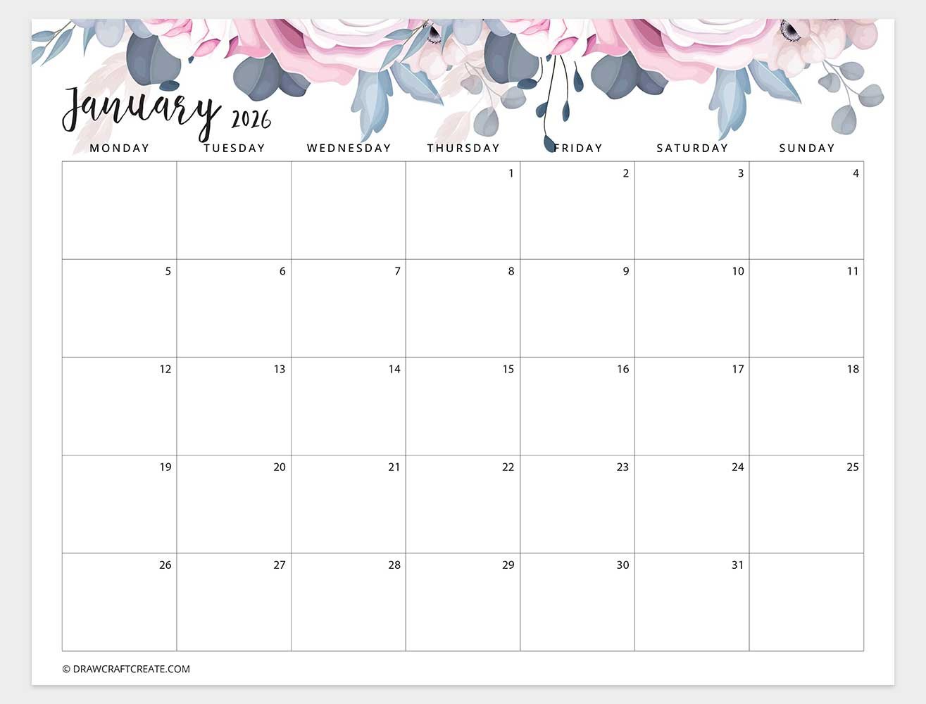 january 2026 floral calendar monday start