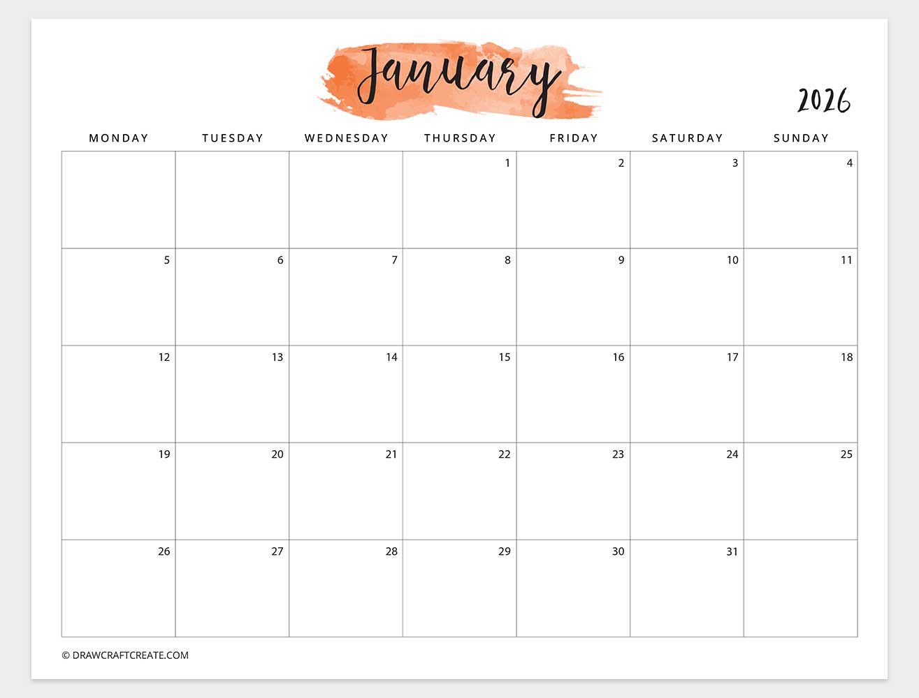 january 2026 watercolor calendar horizontal monday start