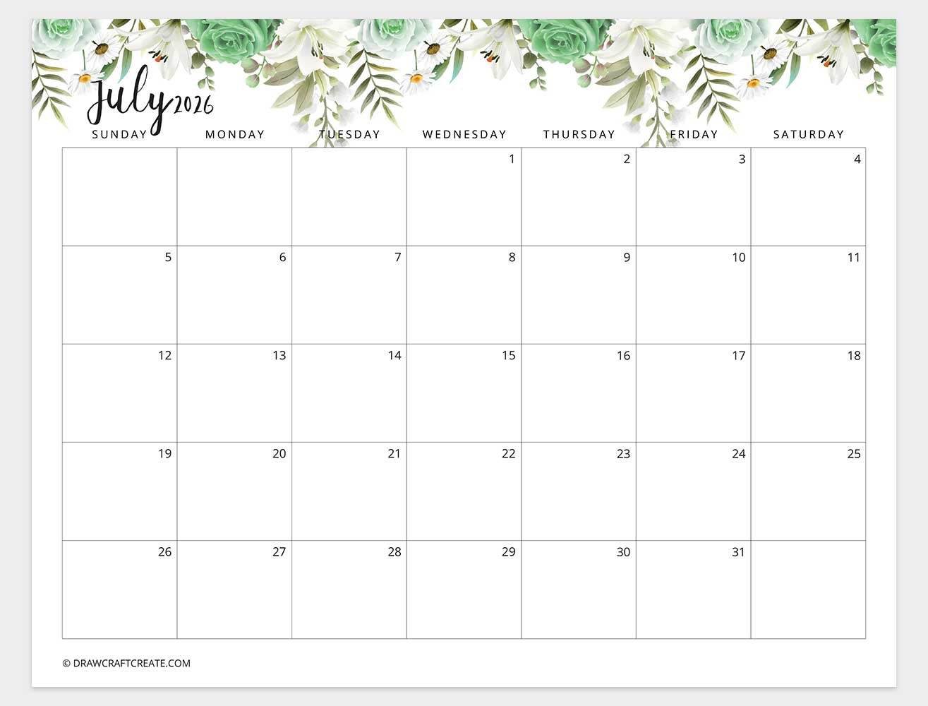 july 2026 calendar floral horizontal