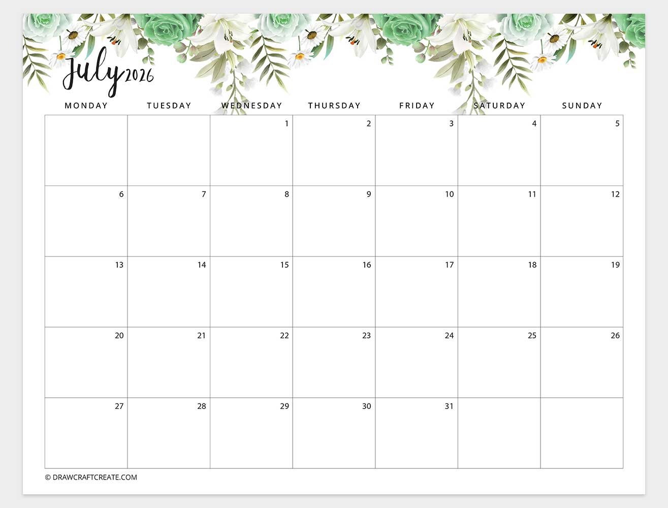 july 2026 floral calendar monday start