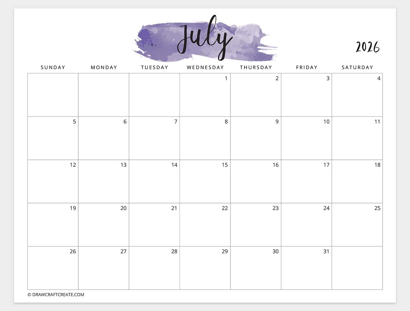 july 2026 watercolor calendar sunday start