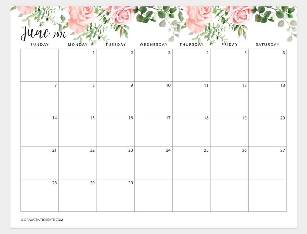 Horizontal 2026 Floral Calendar Printable (Sunday Start) - Draw Craft