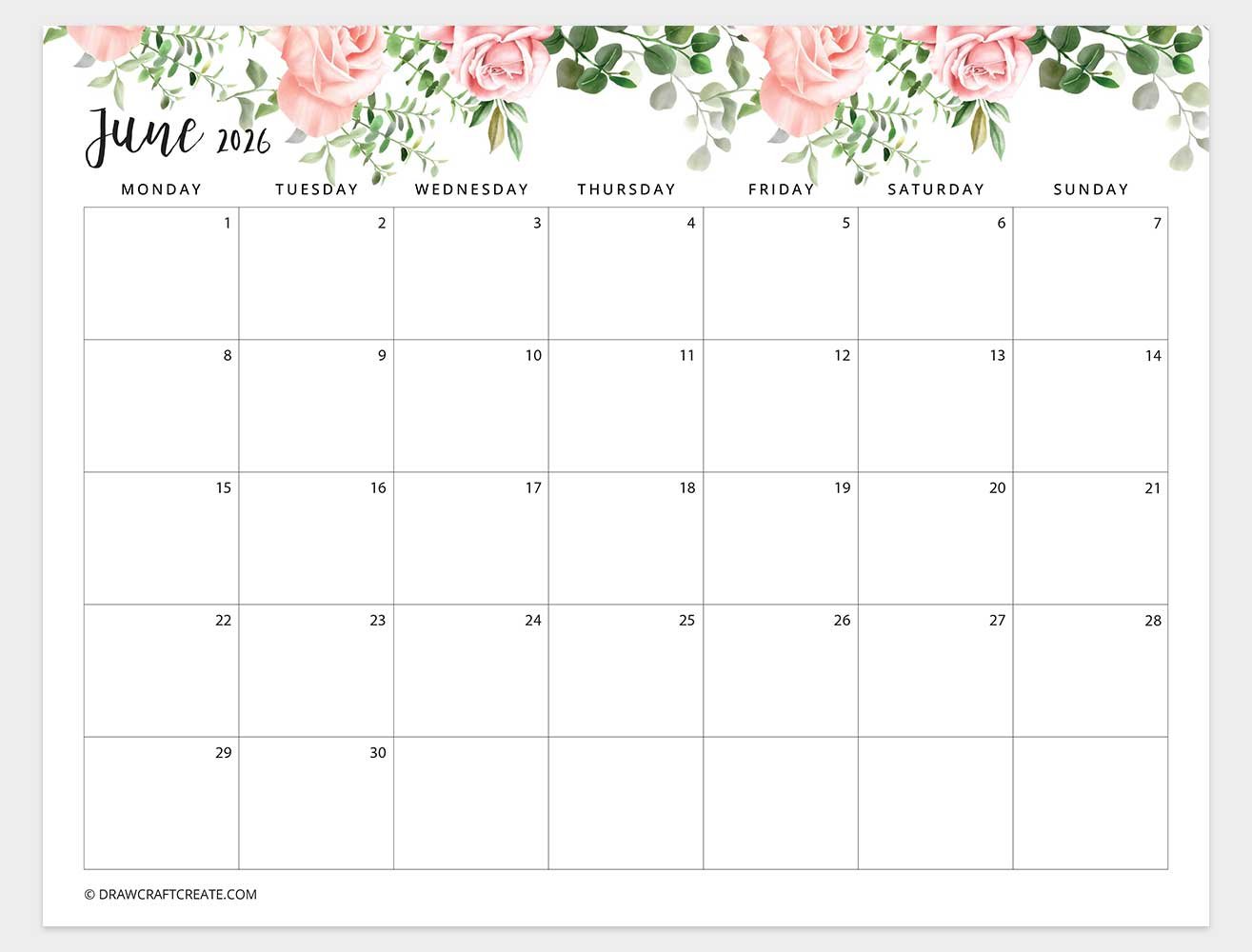 june 2026 floral calendar monday start