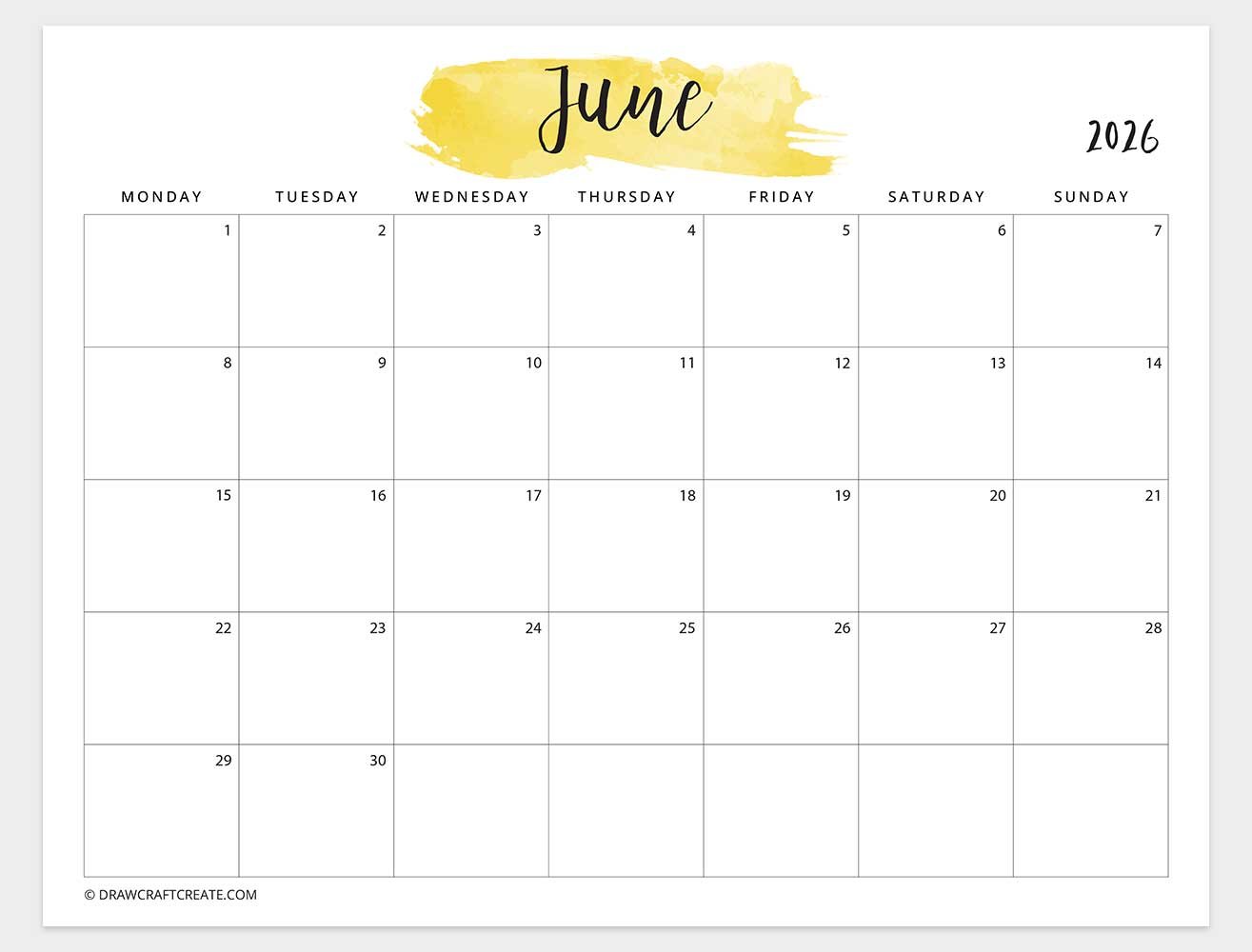 june 2026 watercolor calendar horizontal monday start