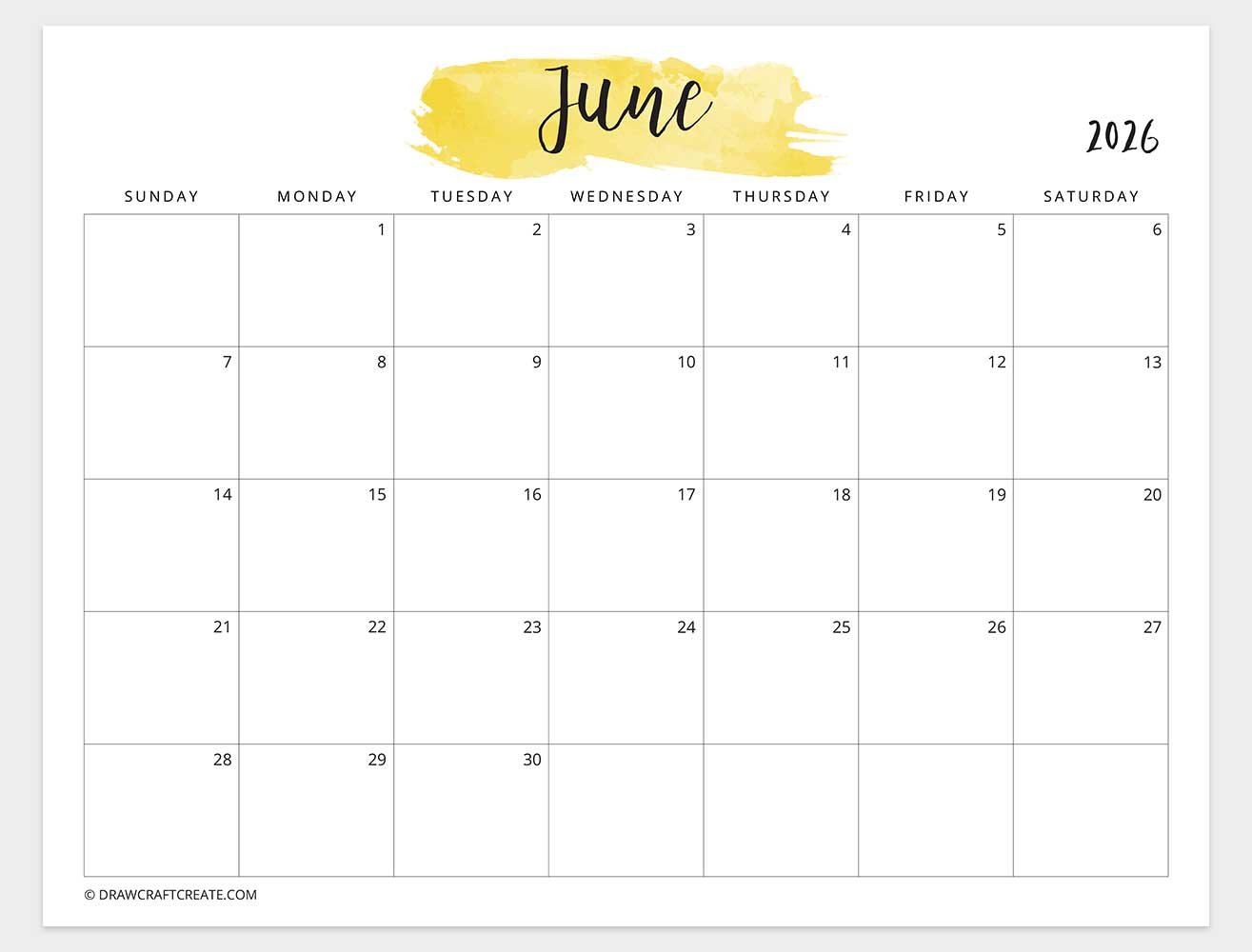 june 2026 watercolor calendar sunday start