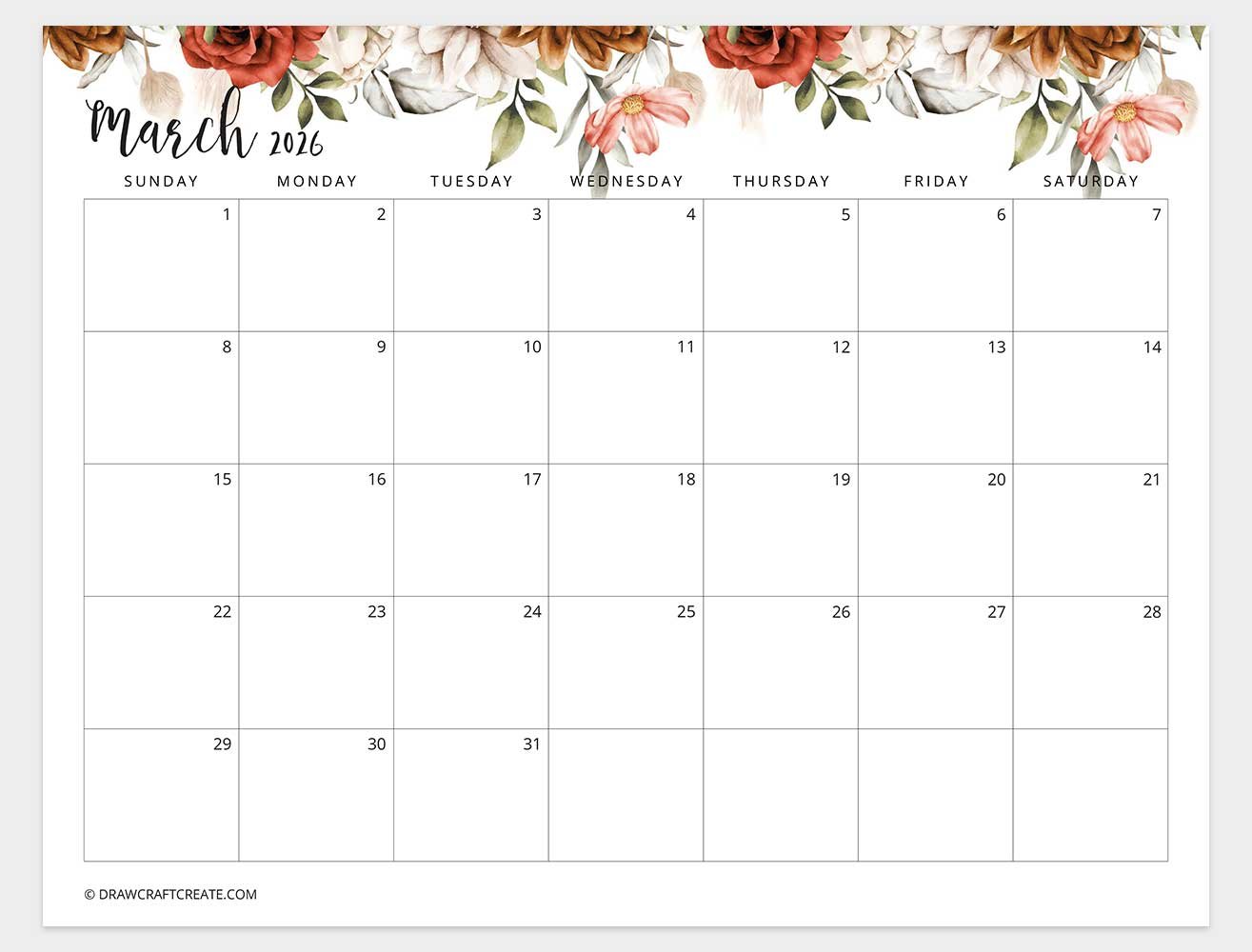 march 2026 calendar floral horizontal