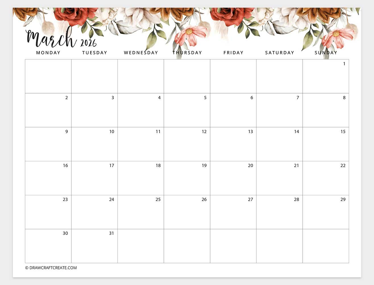 march 2026 floral calendar monday start