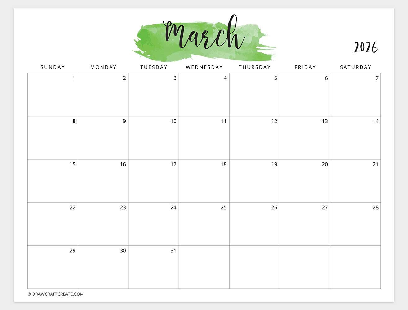march 2026 watercolor calendar sunday start