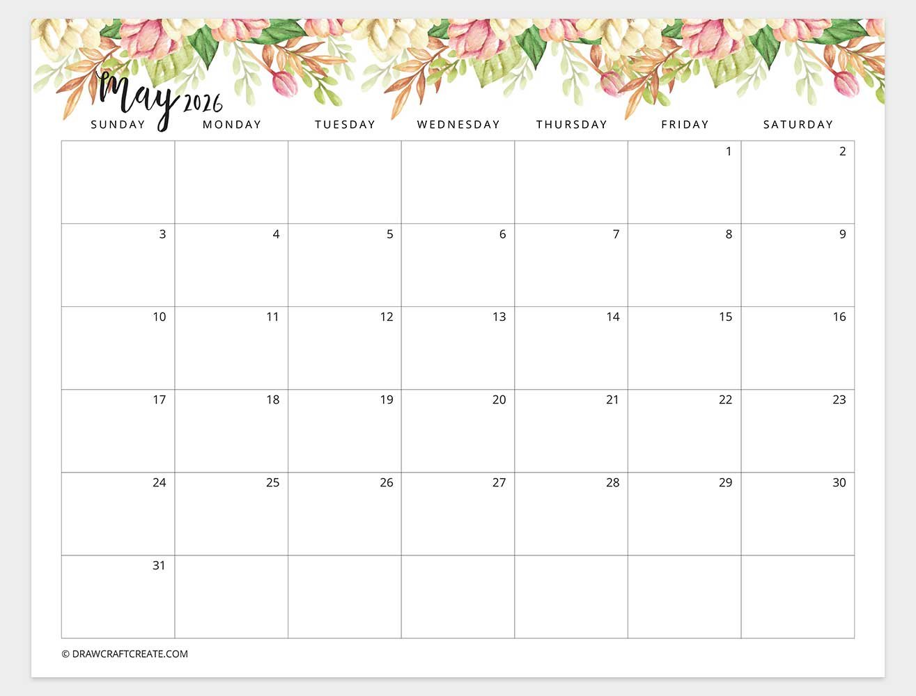 may 2026 calendar floral horizontal