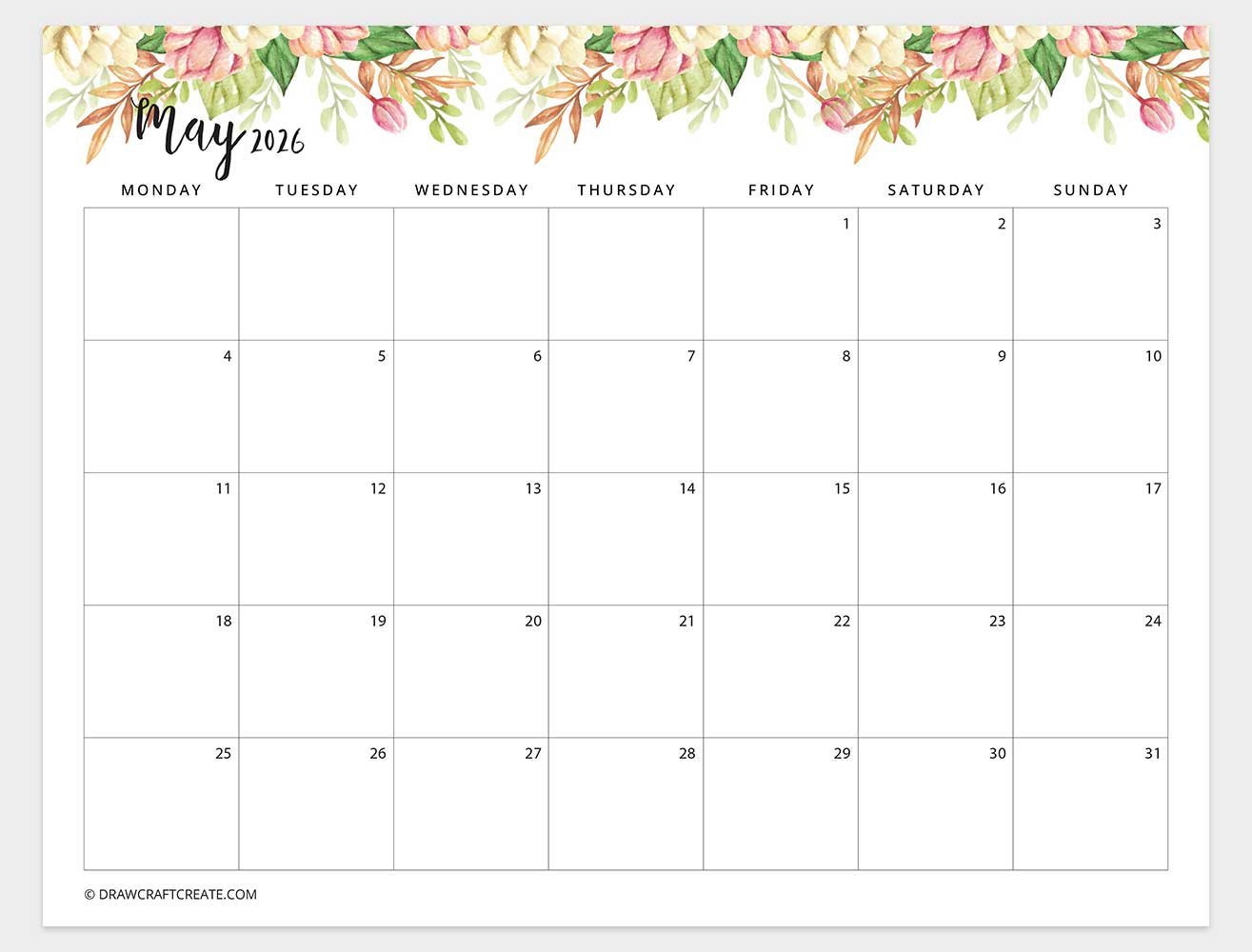 may 2026 floral calendar monday start
