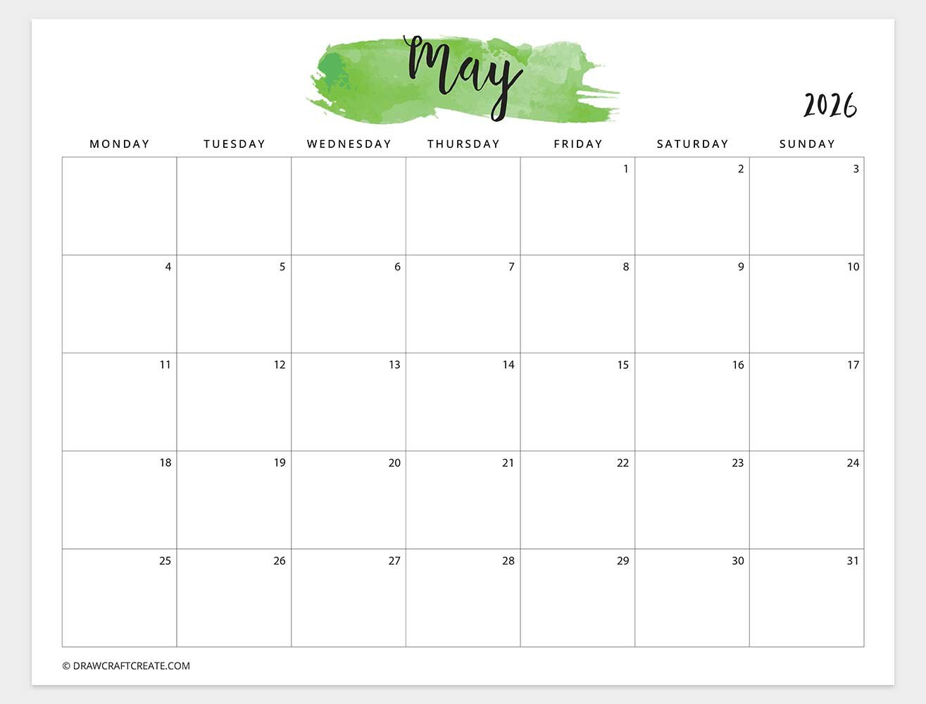 may 2026 watercolor calendar horizontal monday start