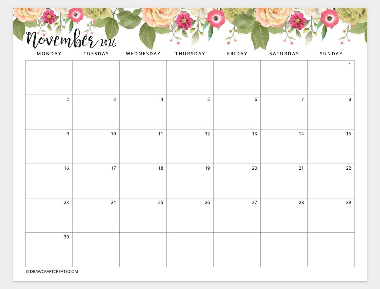 november 2026 floral calendar monday start