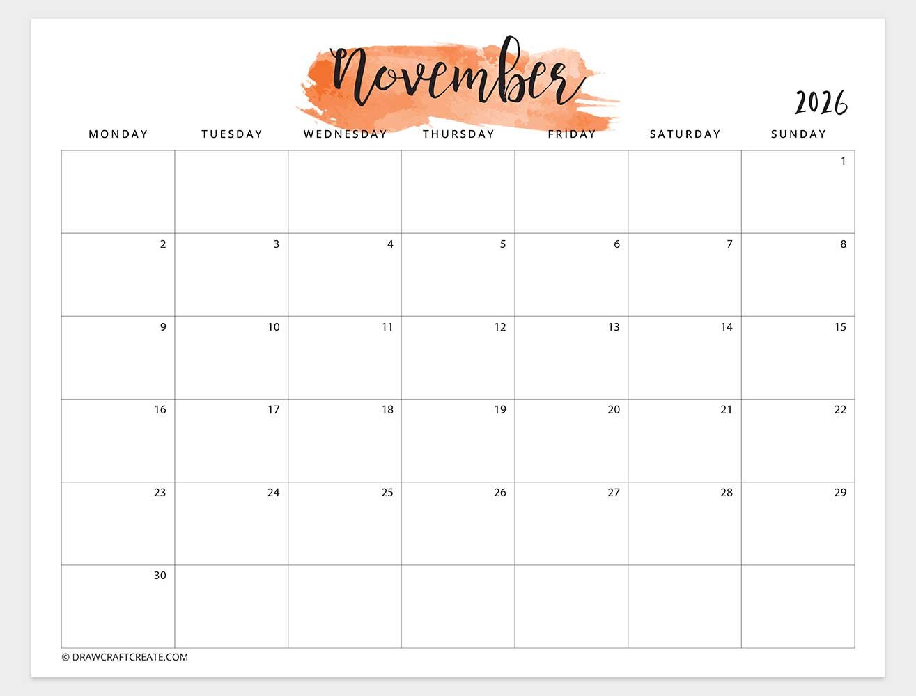 november 2026 watercolor calendar horizontal monday start