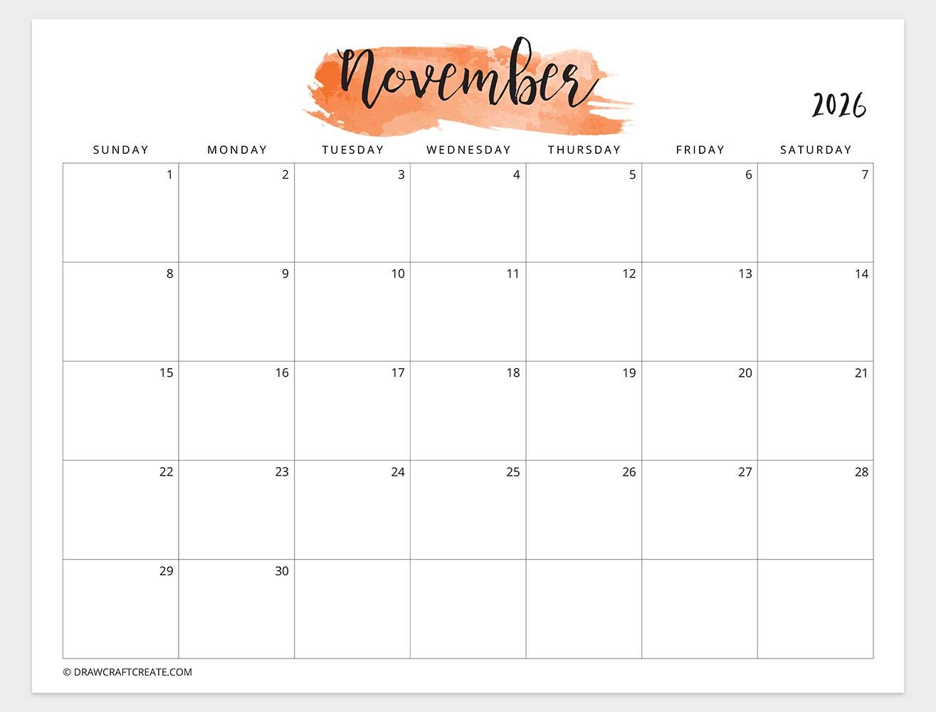 november 2026 watercolor calendar sunday start