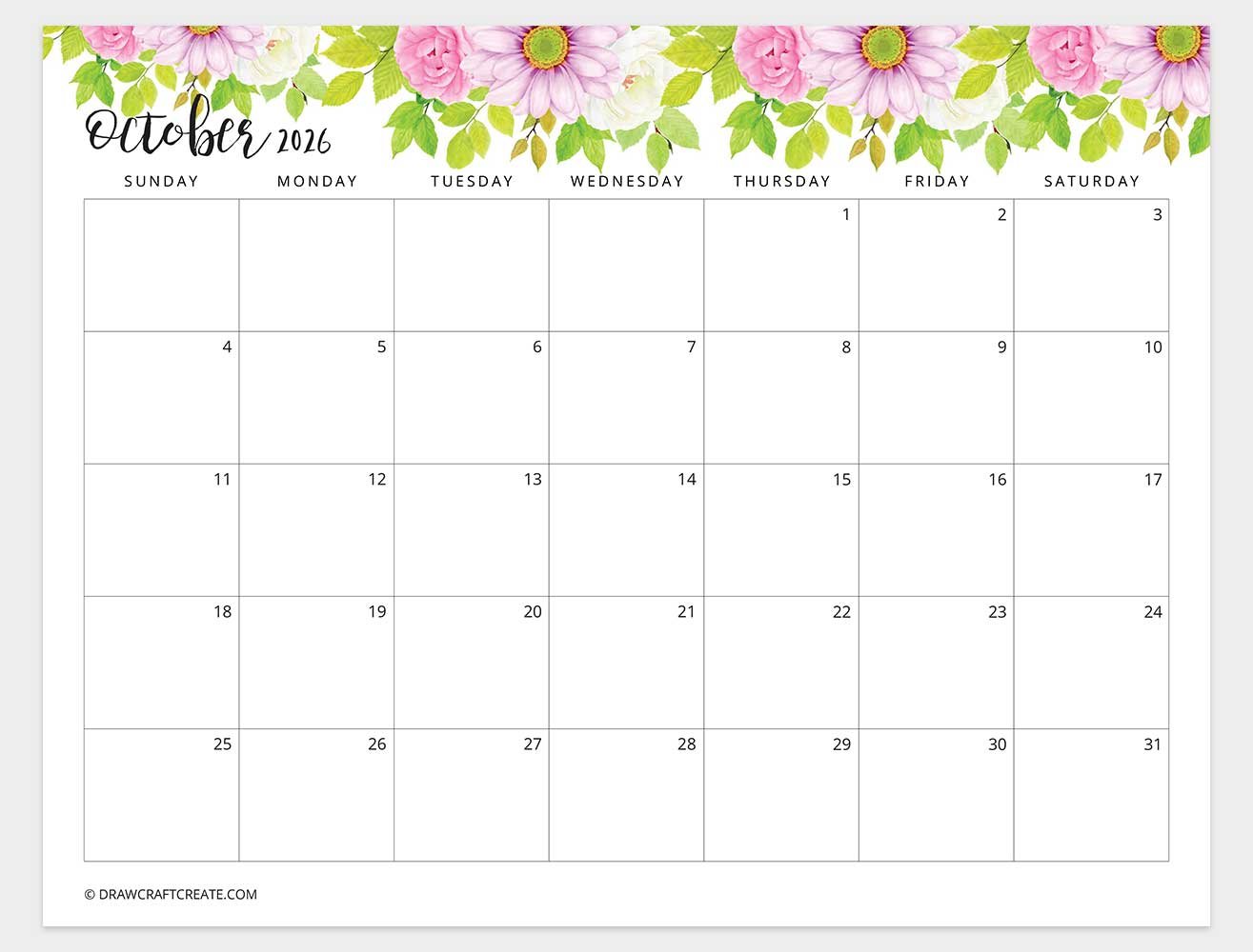 october 2026 calendar floral horizontal