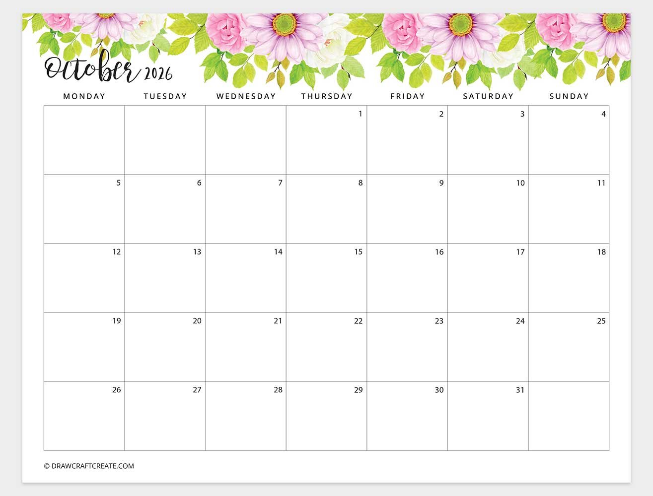 october 2026 floral calendar monday start