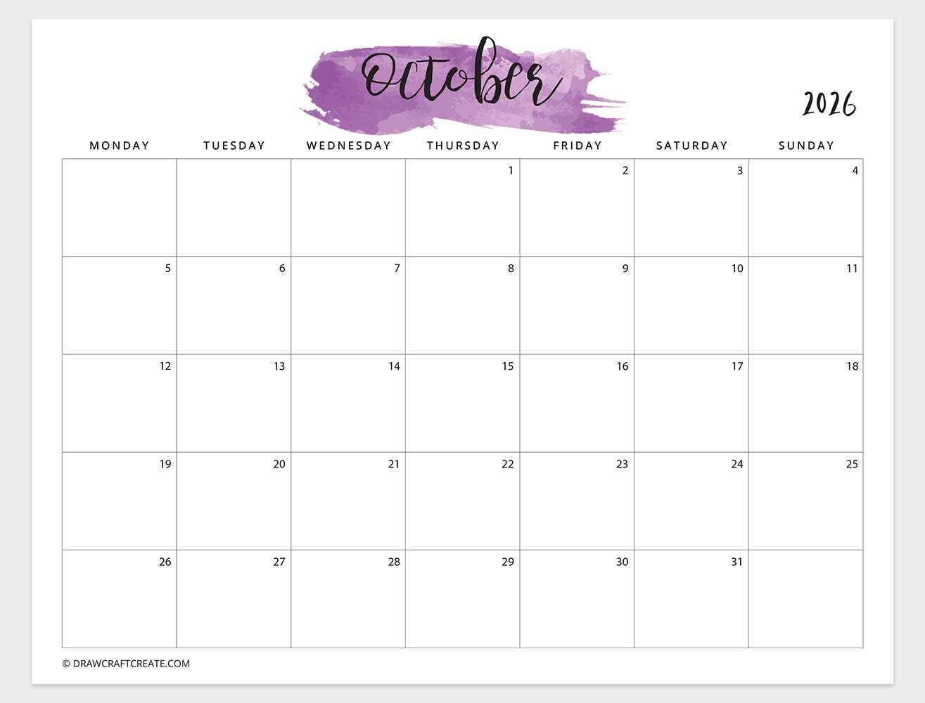 october 2026 watercolor calendar horizontal monday start