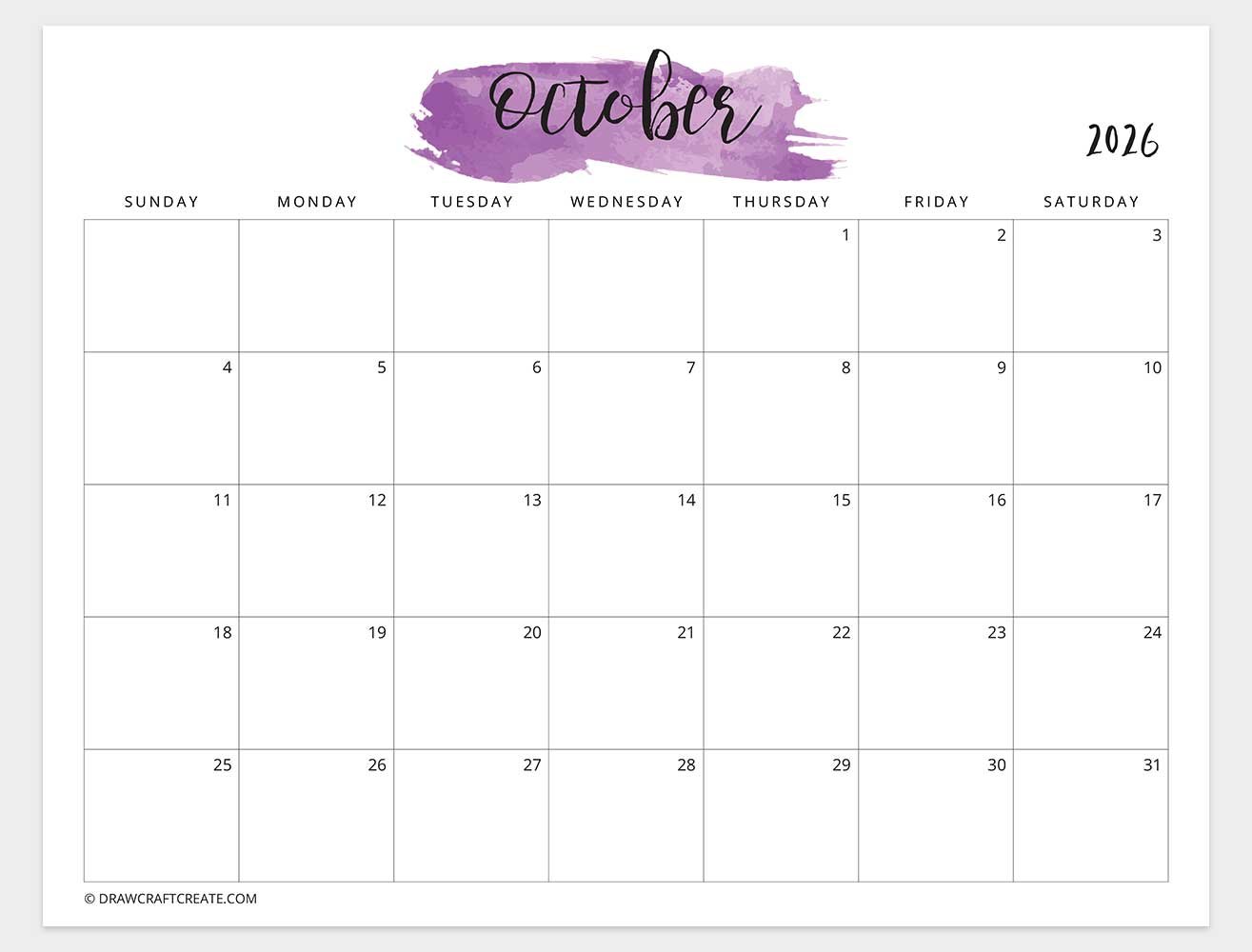 october 2026 watercolor calendar sunday start