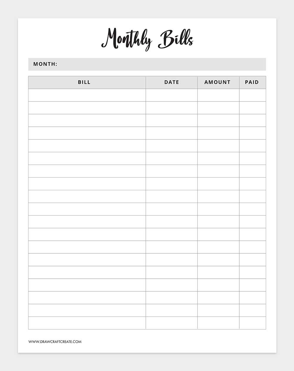 printable bill tracker template