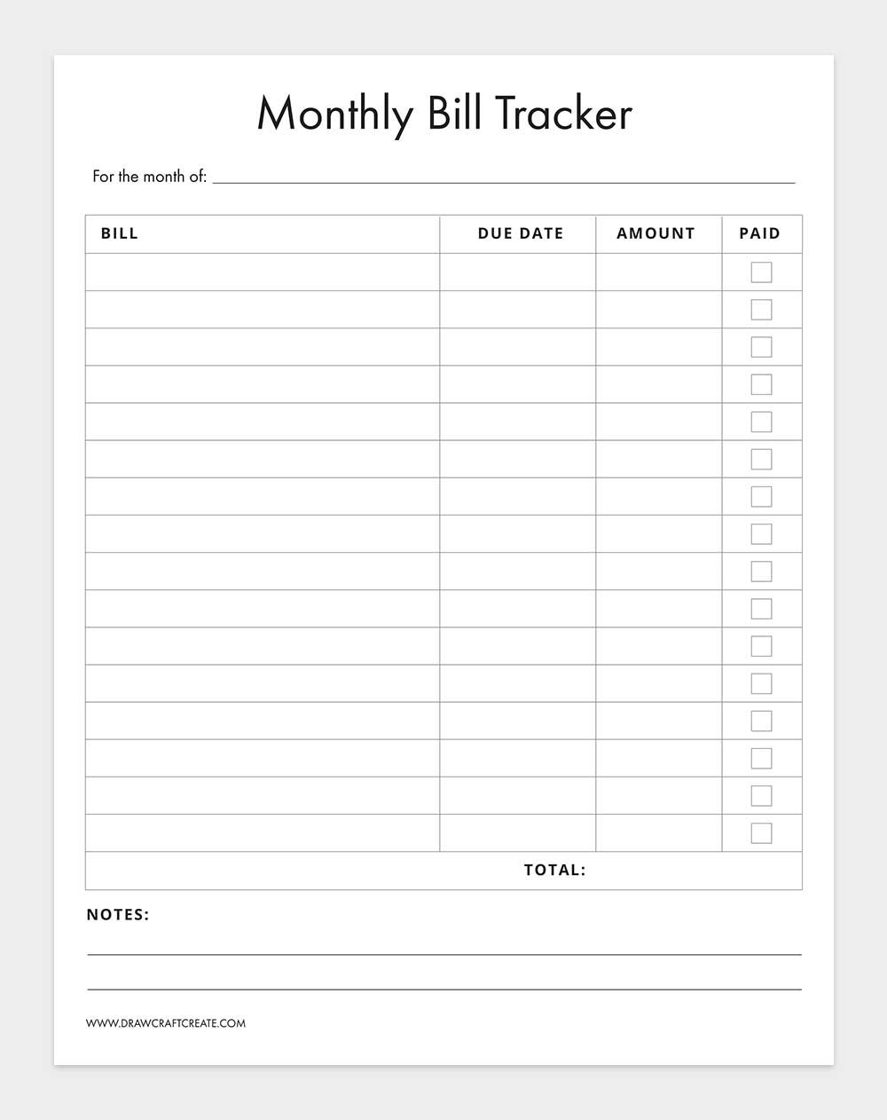 printable bill tracker template