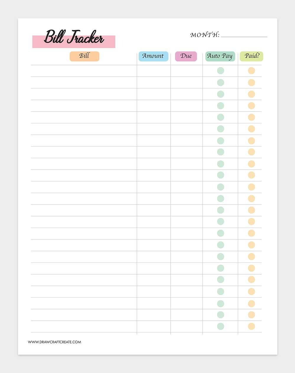 printable bill tracker template