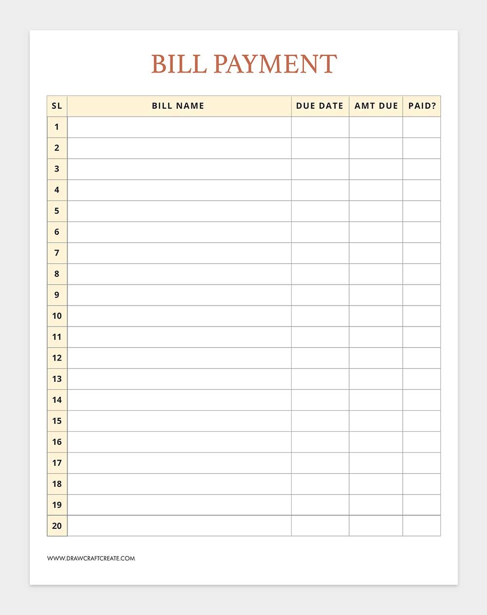 printable bill tracker template