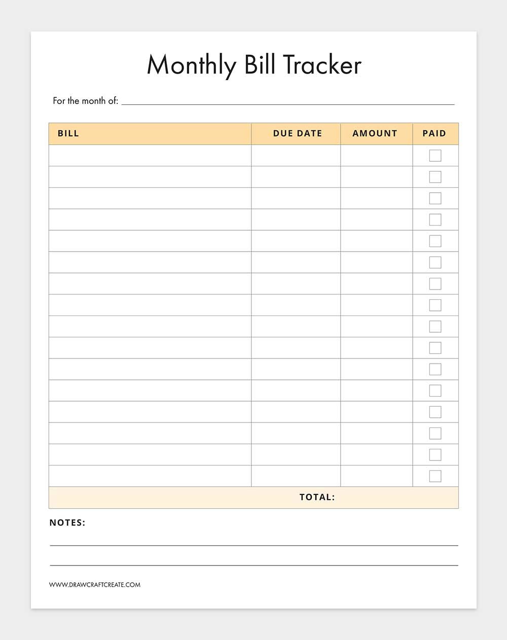 printable bill tracker template