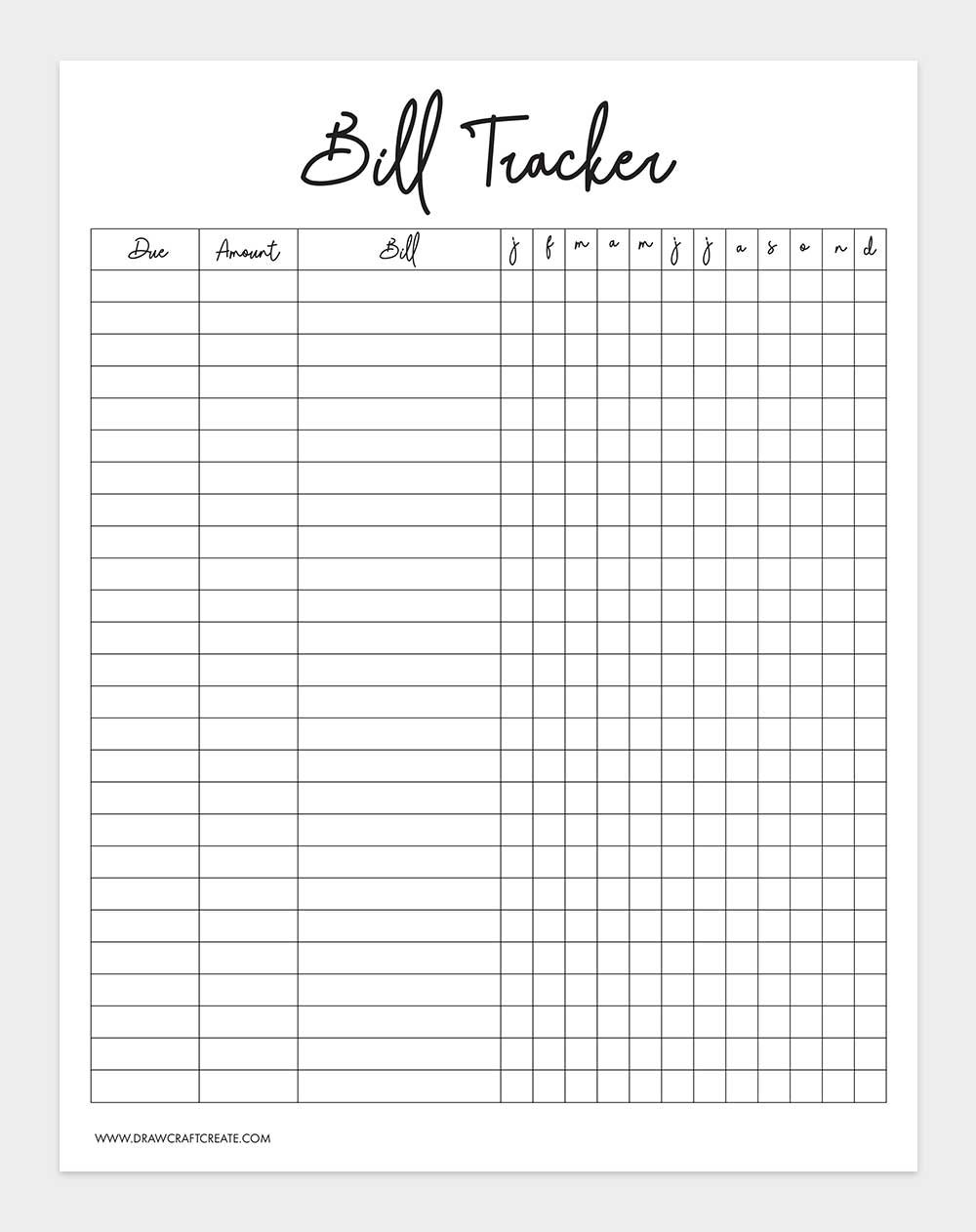 printable bill tracker template