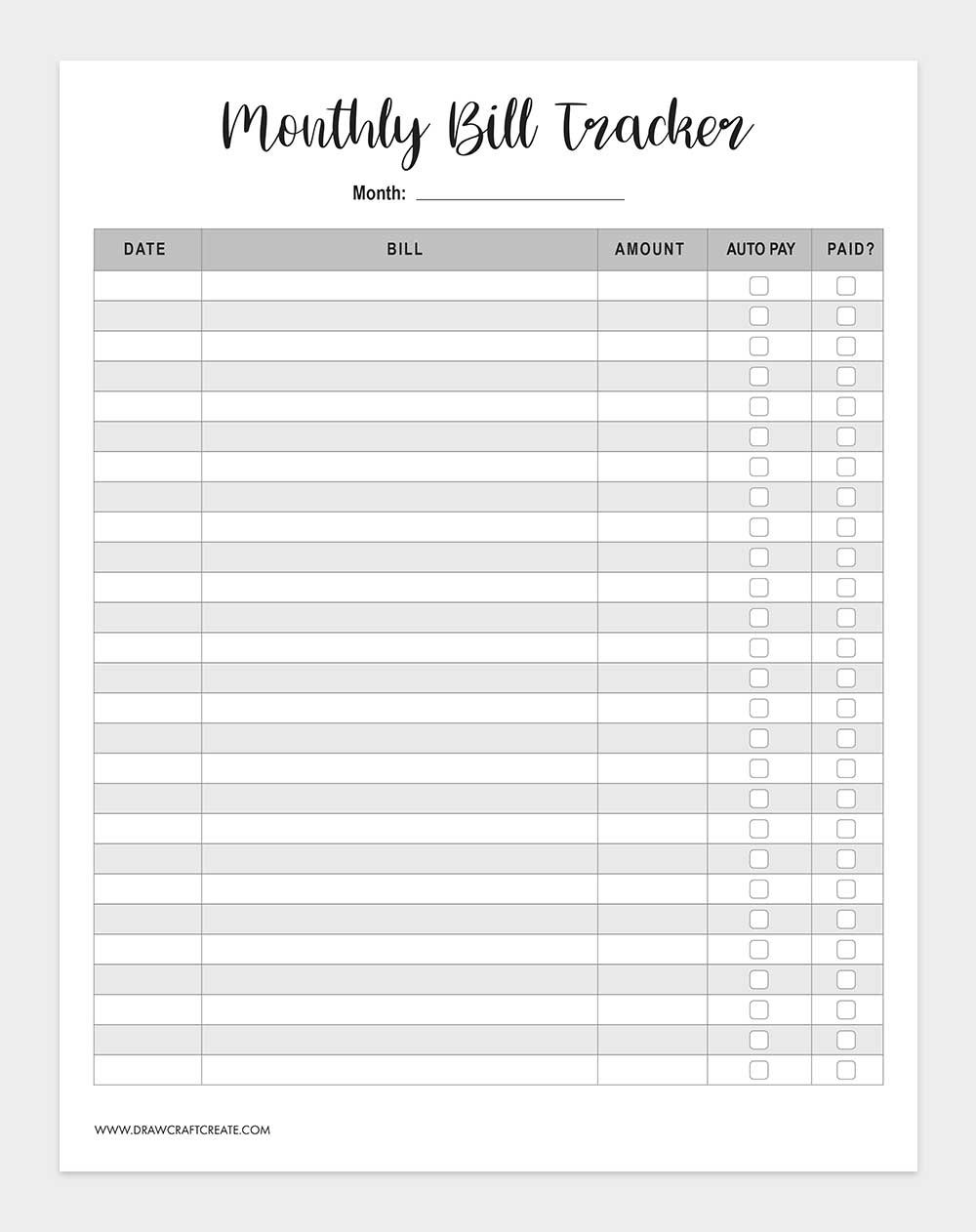 printable bill tracker template