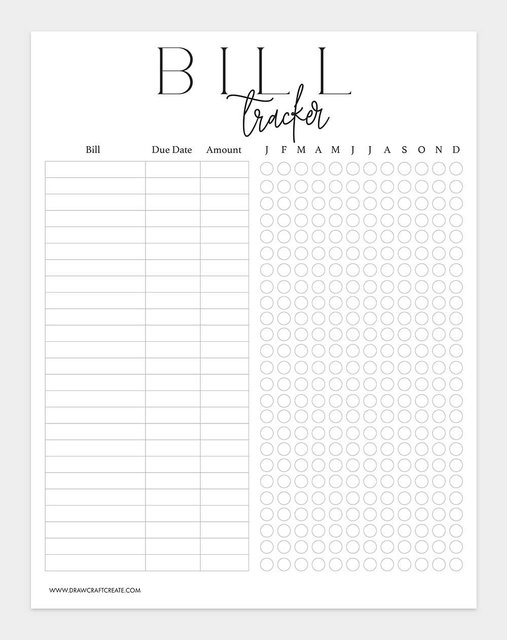 printable bill tracker template