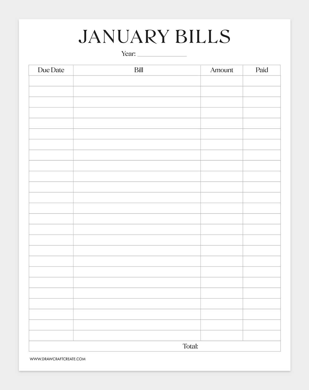 printable bill tracker template