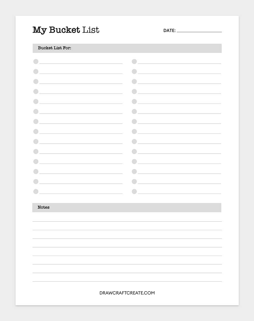 printable bucket list template