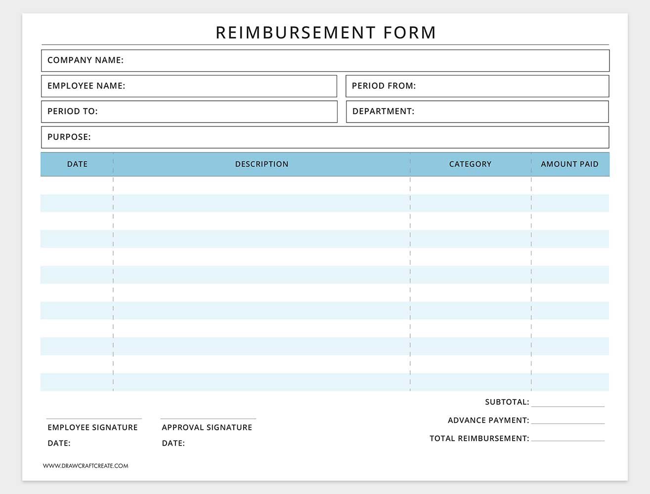 printable reimbursement form template
