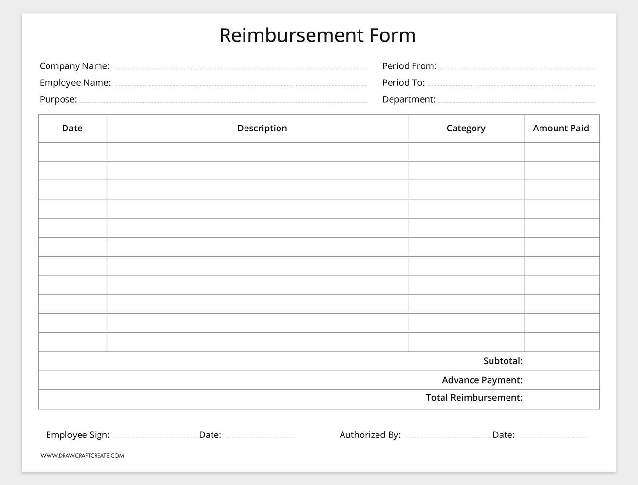 printable reimbursement form template