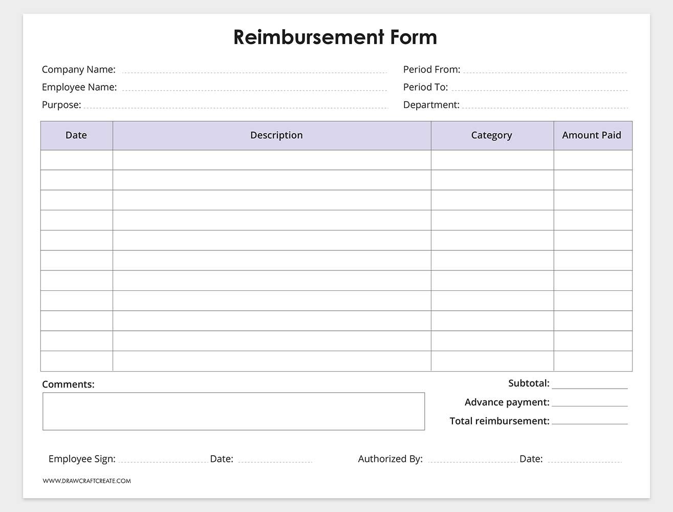 printable reimbursement form template