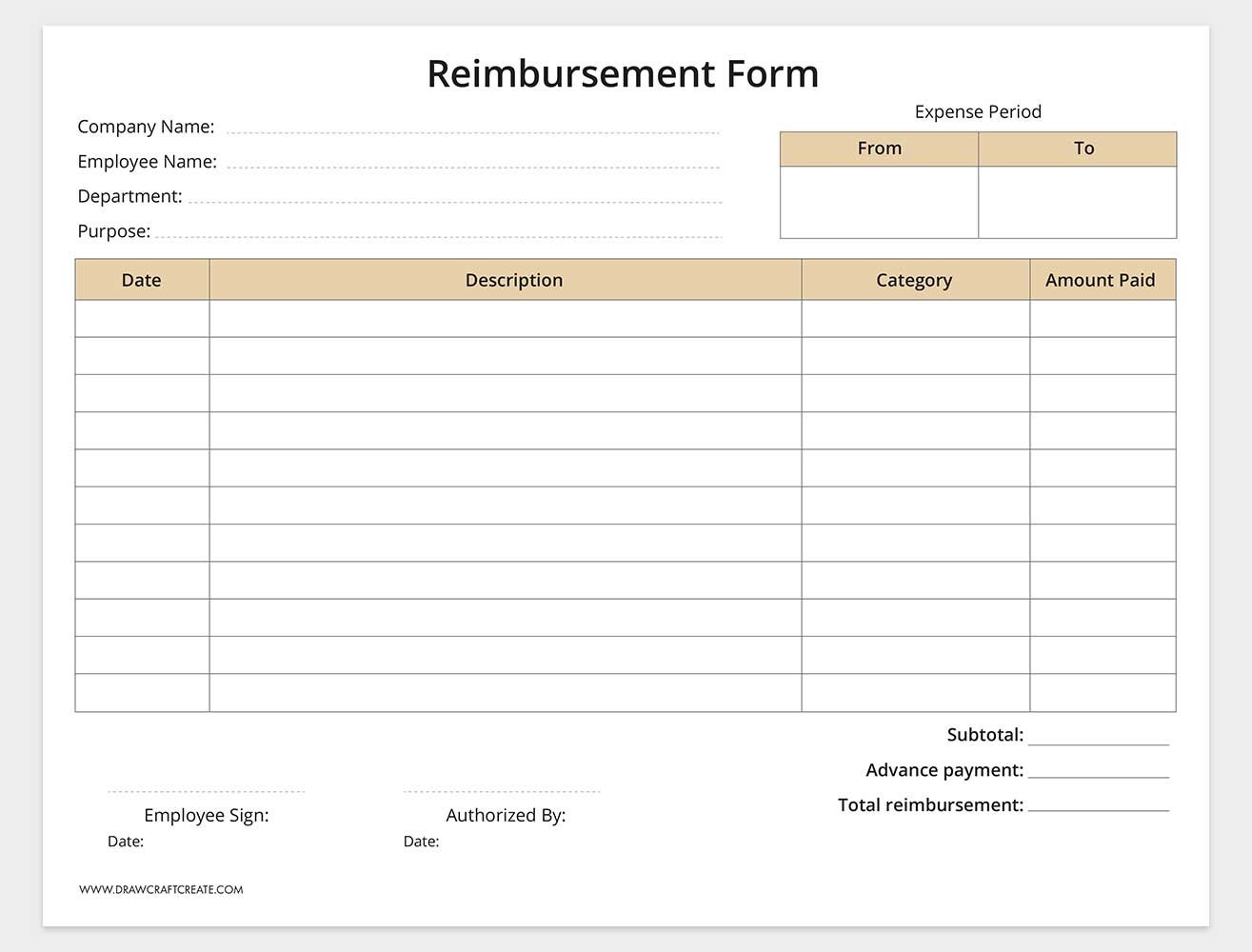 printable reimbursement form template