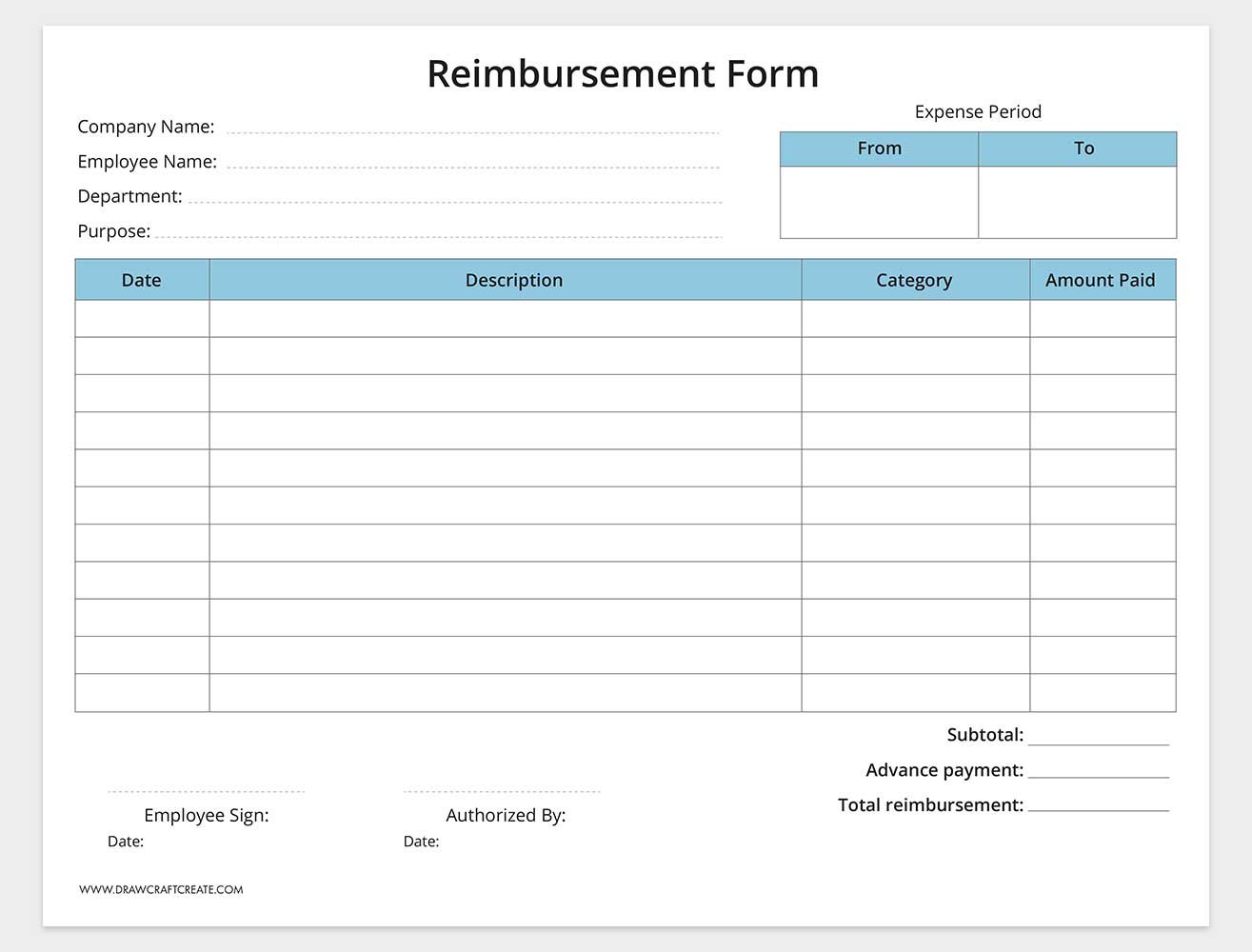 printable reimbursement form template