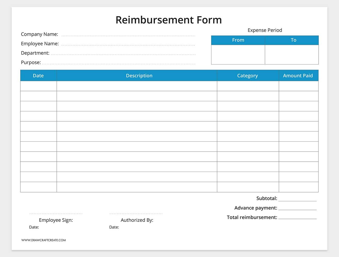 printable reimbursement form template