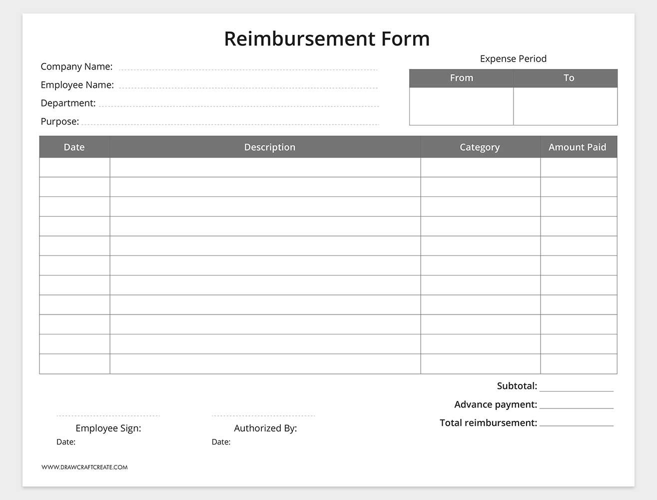 printable reimbursement form template