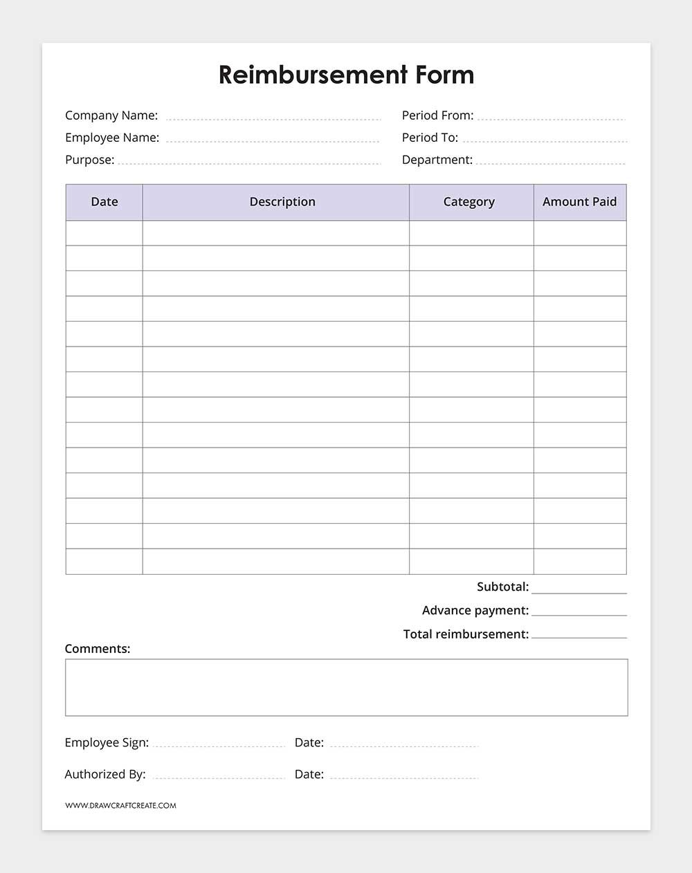 printable reimbursement form template