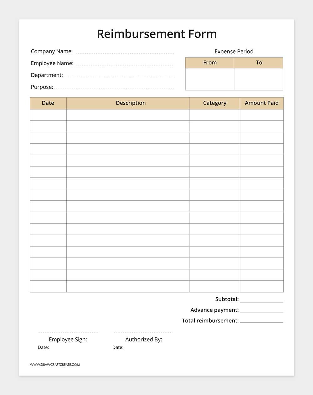 printable reimbursement form template
