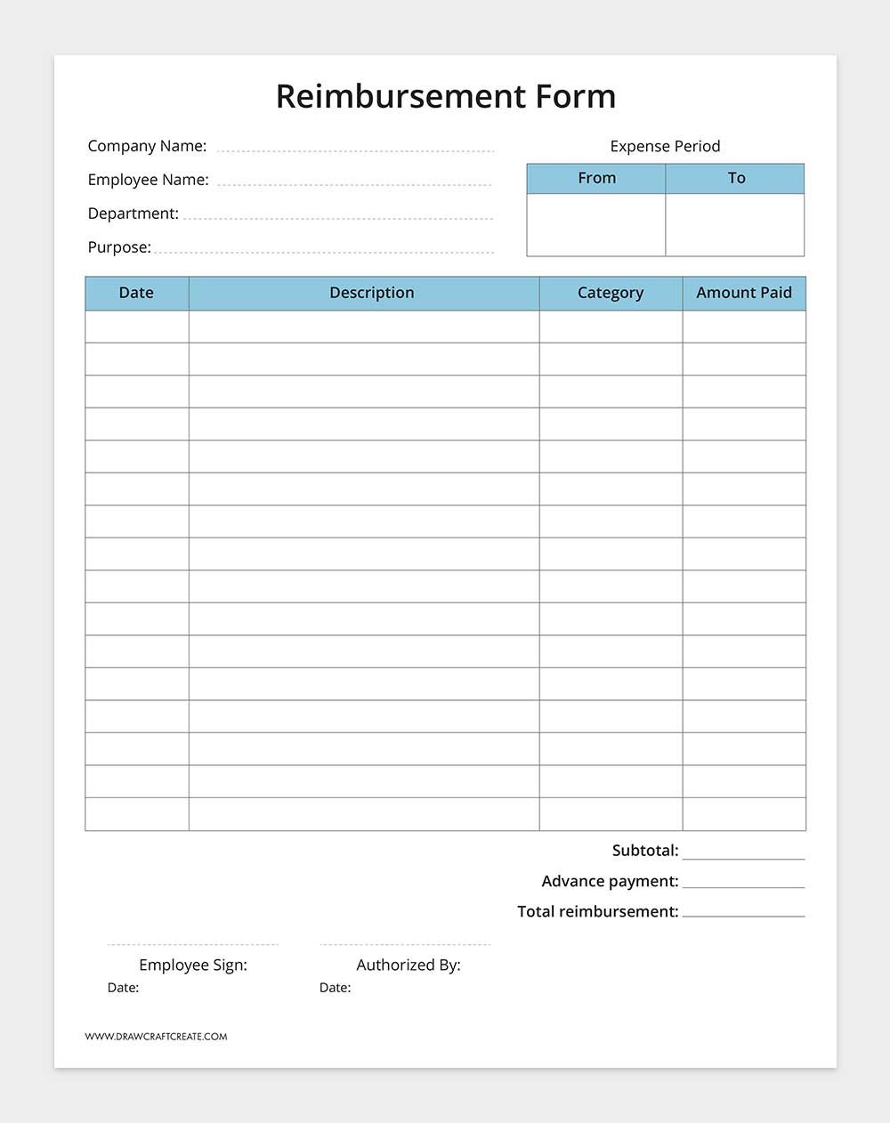 printable reimbursement form template