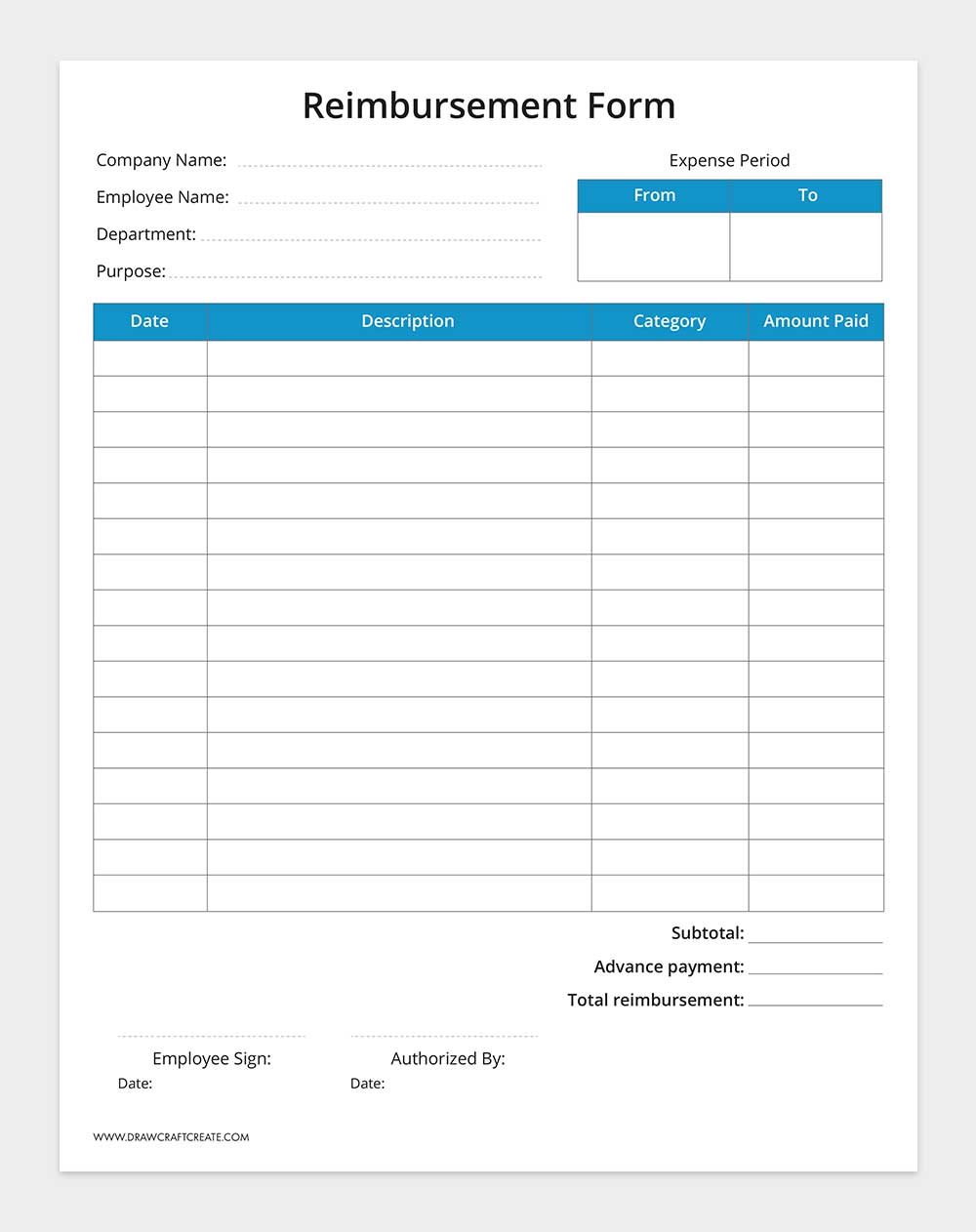 printable reimbursement form template