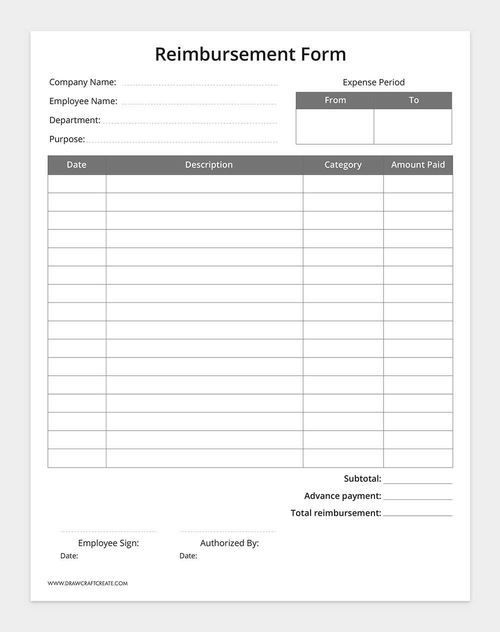 printable reimbursement form template